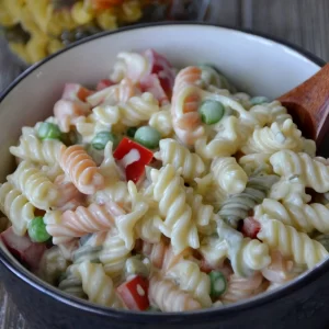 a detailed close up of finished macaroni salad.
