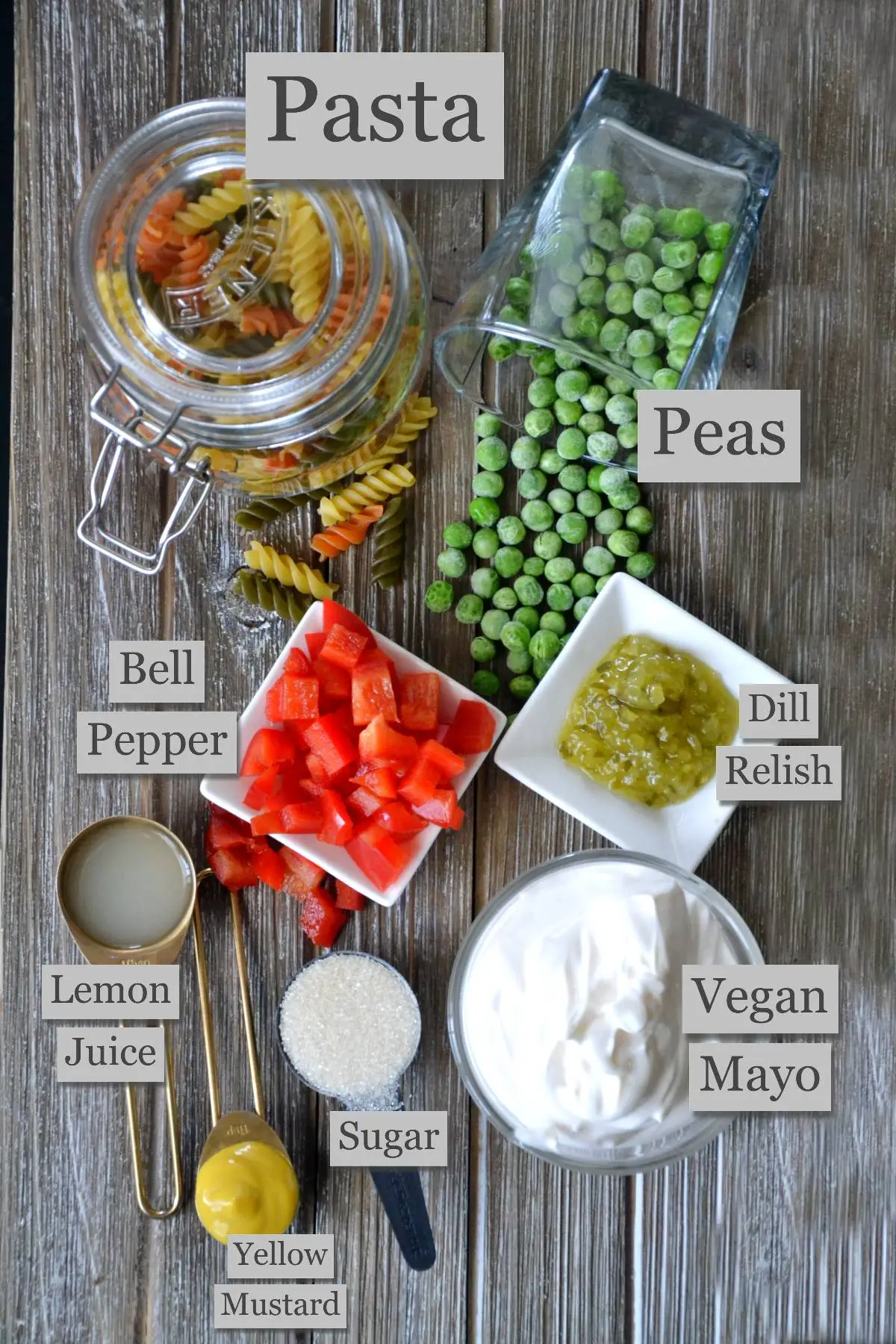 all ingredients in macaroni salad with text labels.