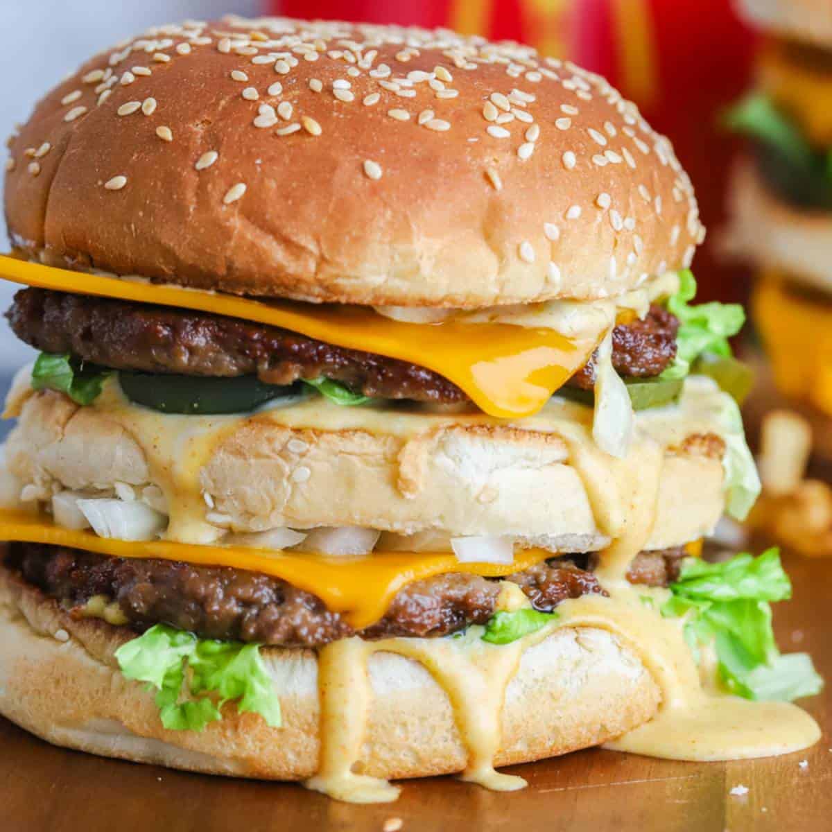 vegan big mac with mcdonalds logo in background.