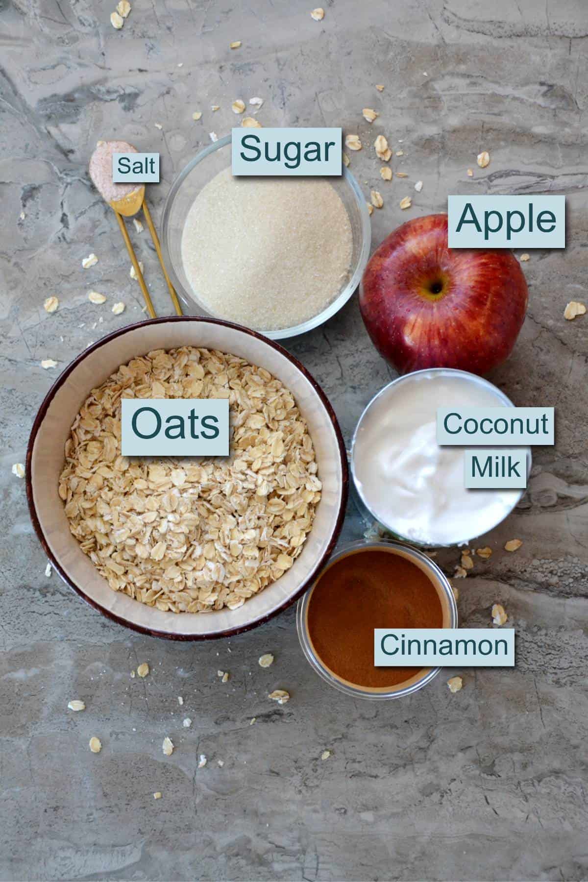 oatmeal ingredients with text labels.