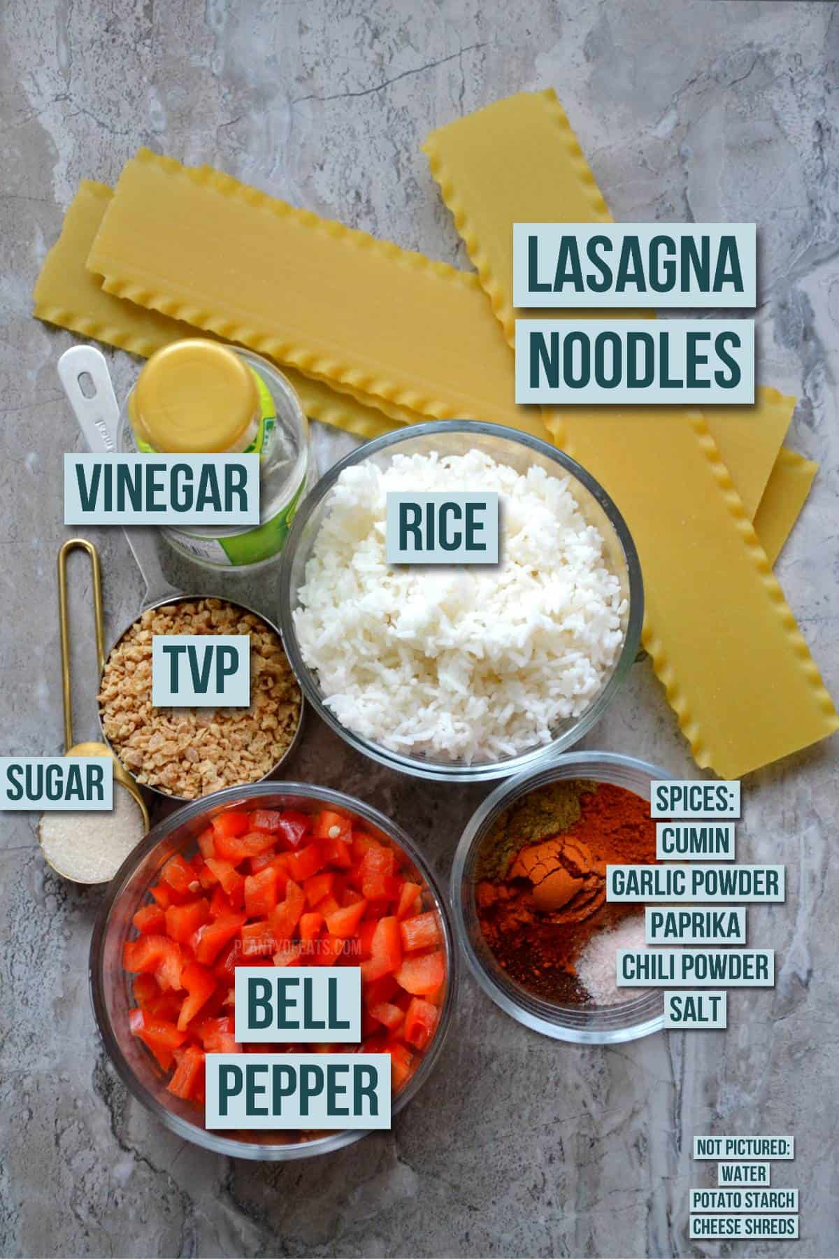 ingredients in stuffed pepper lasagna with text overlay.