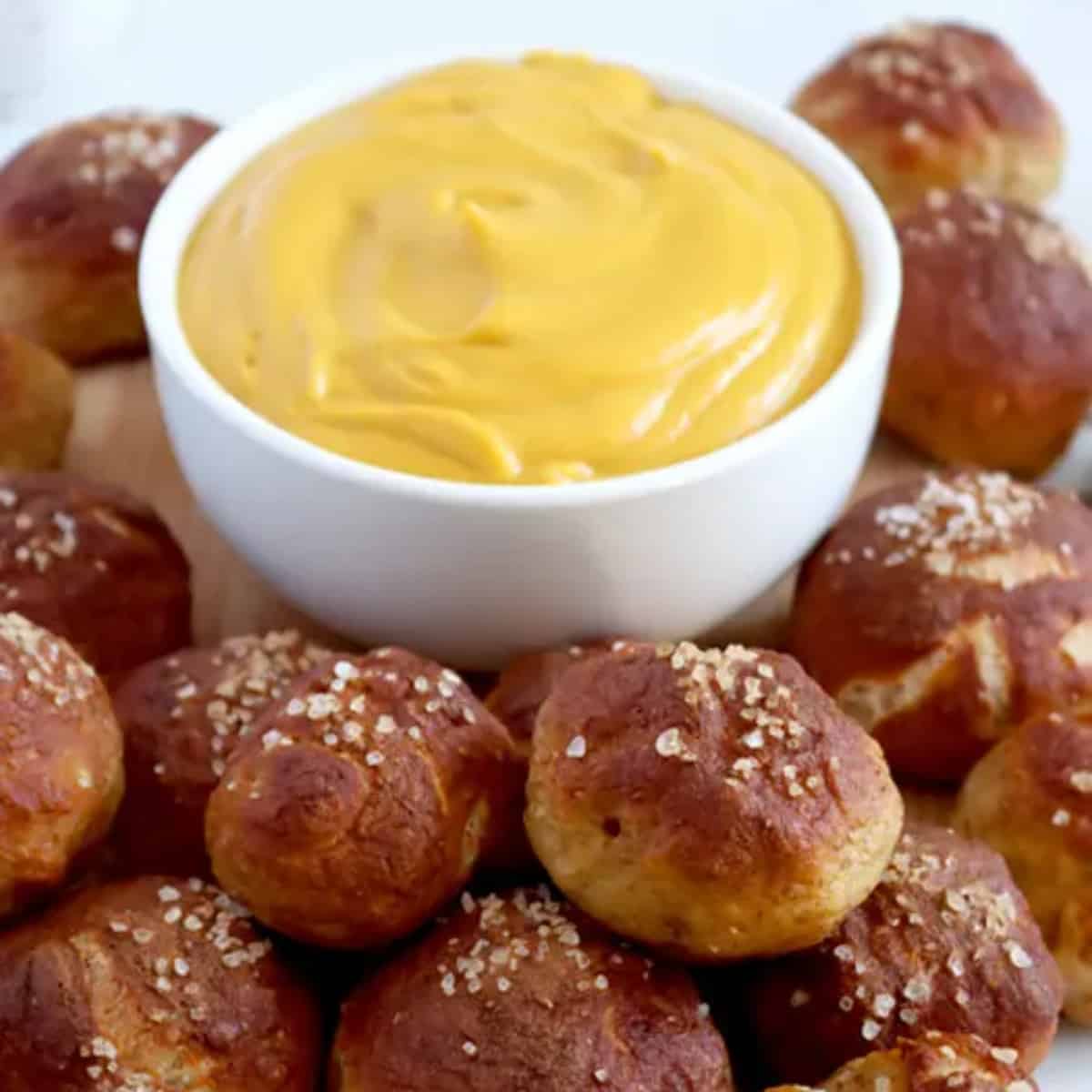 pretzel bites with cheese dipping sauce.
