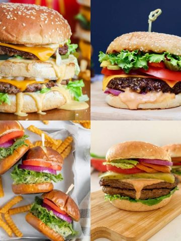 four photos of burgers in a collage.
