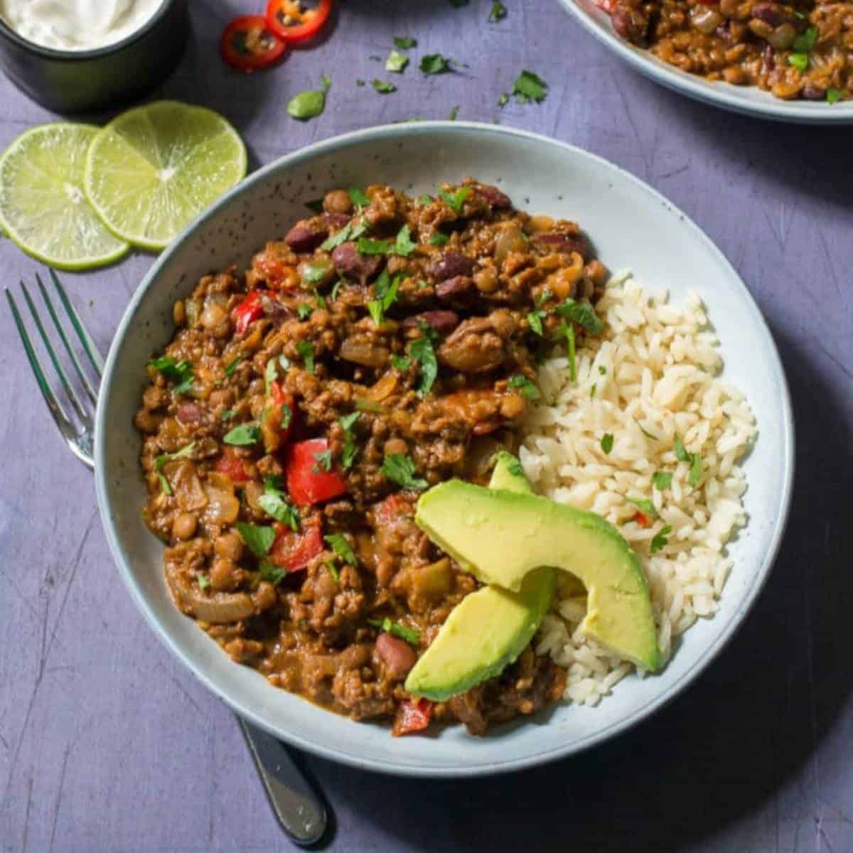 chili with rice and avocado.