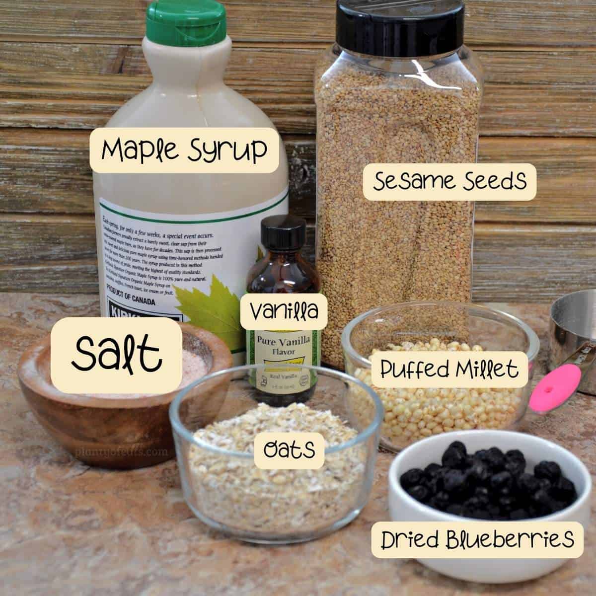 ingredients for blueberry granola with text labels.