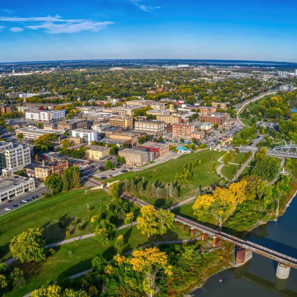 an overhead view of grand forks north dakota near the river.