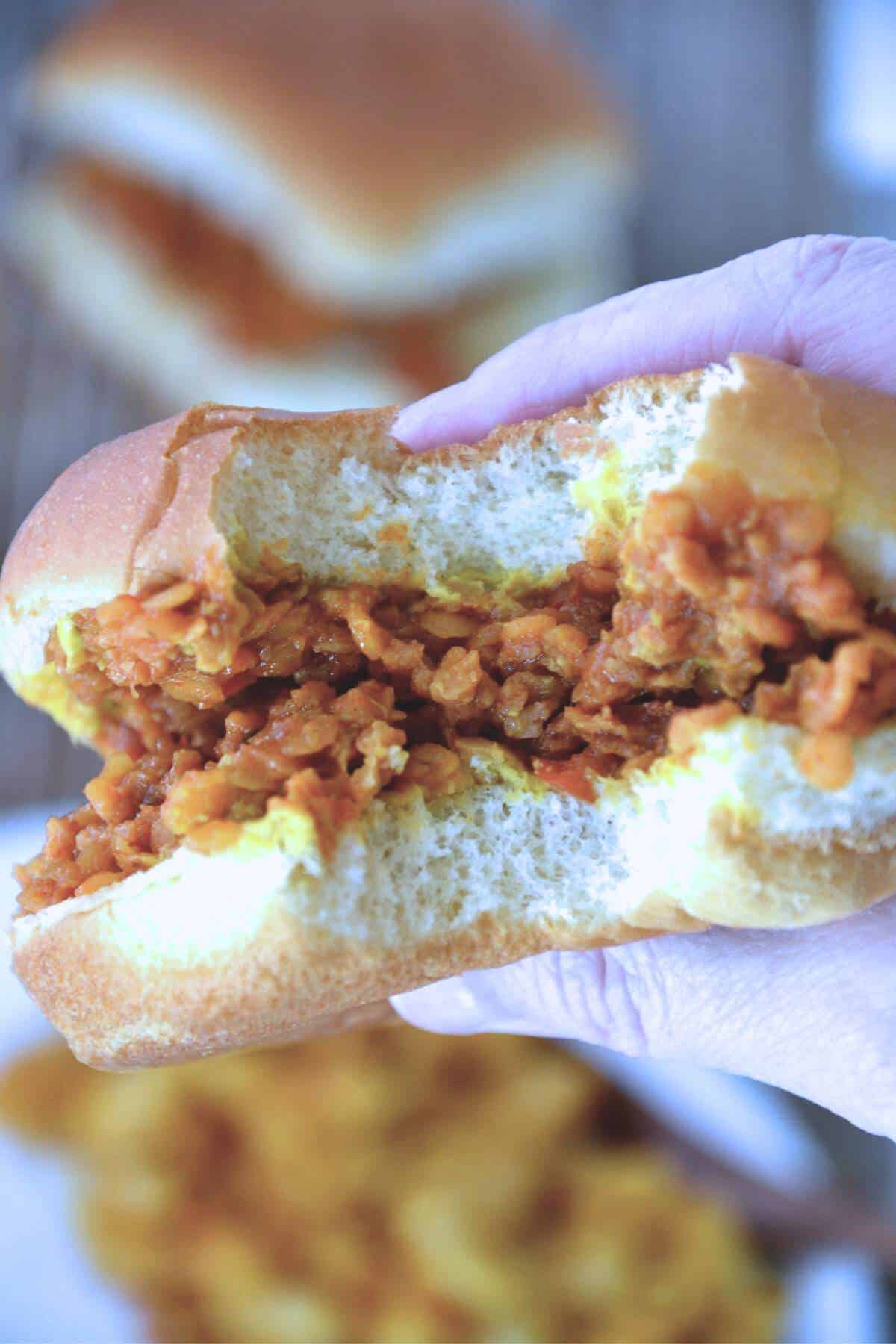 hand holding sloppy joe with bite out of sandwich.