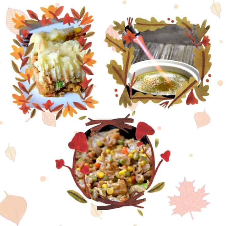 3 photos of food in an autumn themed square image of leaves.